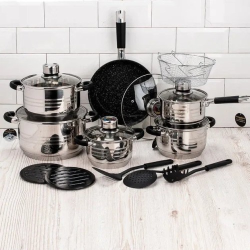 Набір каструль German Family GF-2021 19 предметів чорні прогумовані ручки