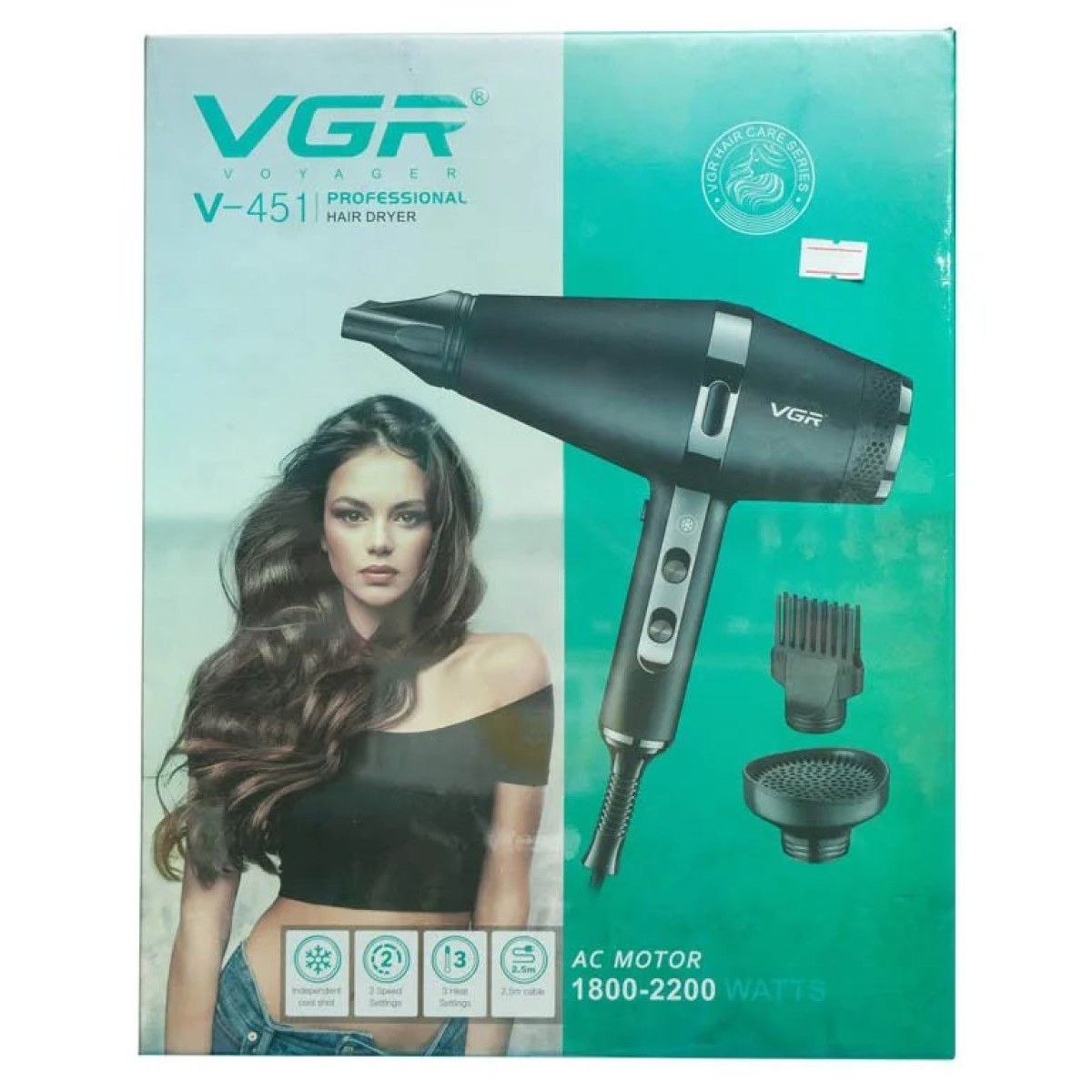 Фен для волосся VGR V-451 2200 Вт 3 насадки іонізація, турбо режим 2 швидкості Professional (арт. 9327)