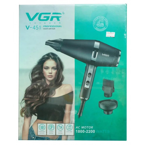 Фен для волосся VGR V-451 2200 Вт 3 насадки іонізація, турбо режим 2 швидкості Professional