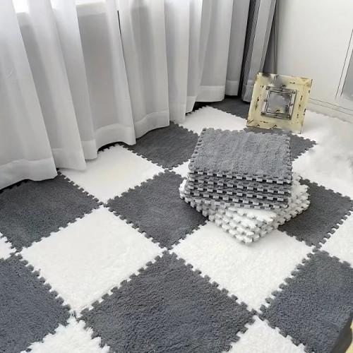 Килимок-пазл з плюшевим покриттям 10 пазлів 30х30х1.5 см біло-сірий