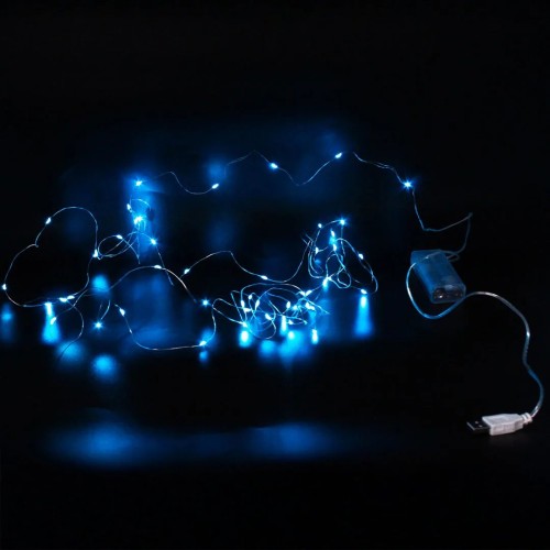 Xmas гирлянд 50 Led 5M (Copper) на медной проволоке (Капля росы) B BLUE работает от батареек+USB