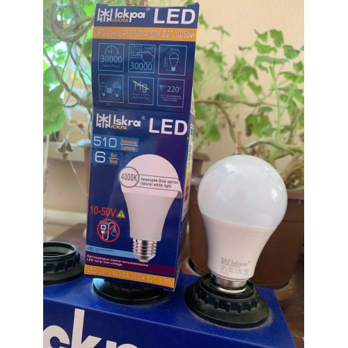 LED Лампа Іскра A60 6W 4000K E27 10-50 V (Груша) | Нейтральне біле світло | Низьковольтна для автономних систем