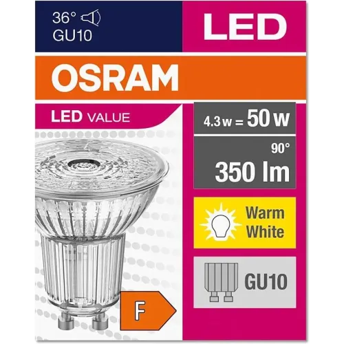 Світлодіодна лампа OSRAM цоколь GU10, 4,3 Вт, теплий білий (2700K).