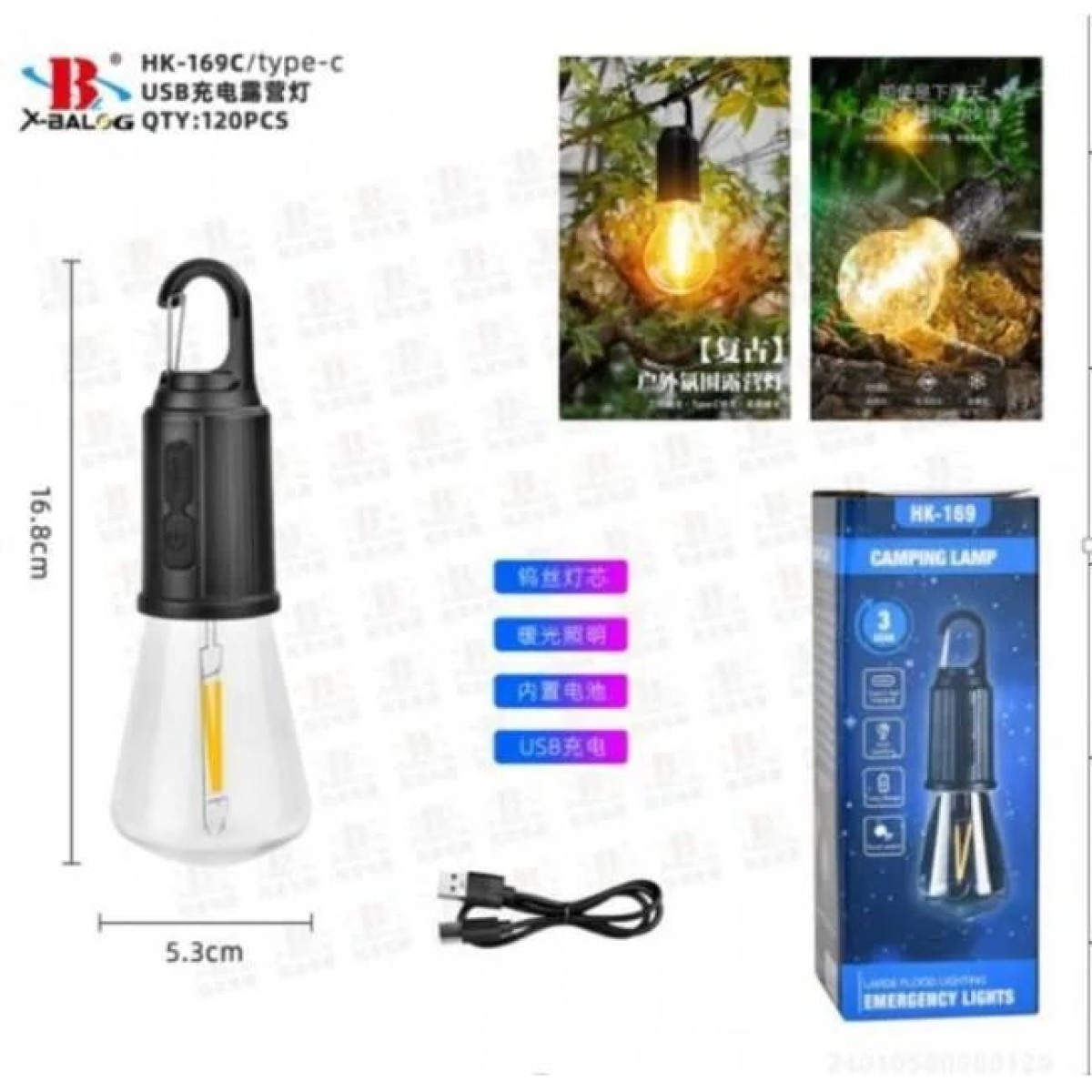 Акумуляторна лампочка CAMPING BT-002 з карабіном, світлодіодна Led-лампа з зарядкою від USB Tipe-C 9061 (арт. 3784)