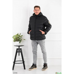 Чоловіча зимова куртка чорна з капюшоном, тепла парка на штучній вовні, коротка 52