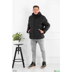 Чоловіча зимова куртка чорна з капюшоном, тепла парка на штучній вовні, коротка 52