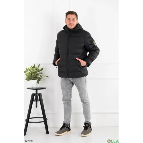 Чоловіча зимова куртка чорна з капюшоном, тепла парка на штучній вовні, коротка 52