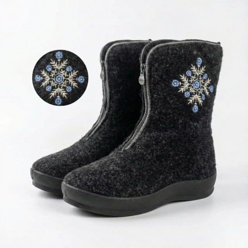 Женские зимние бурки на молнии. Черные войлочные сапожки с вышивкой Снежинка 36-42 42