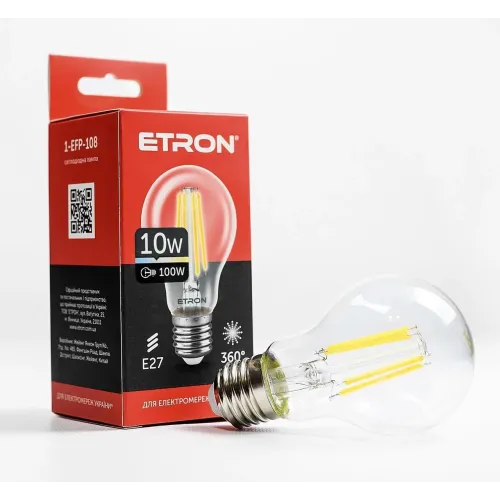 Світлодіодна філаментна лампа ETRON 10W A60 E27 4200K нейтральне світло, прозора, енергозберігаюча