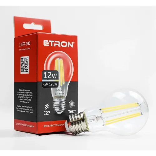 Світлодіодна філаментна лампа ETRON 12W A60 E27 4200K нейтральне світло, прозора, енергозберігаюча