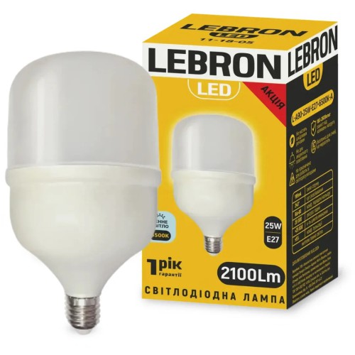 Світлодіодна лампа 25W LEBRON промислова Е27 6500K холодне світло 2100 Lm біла IP20 L-А90