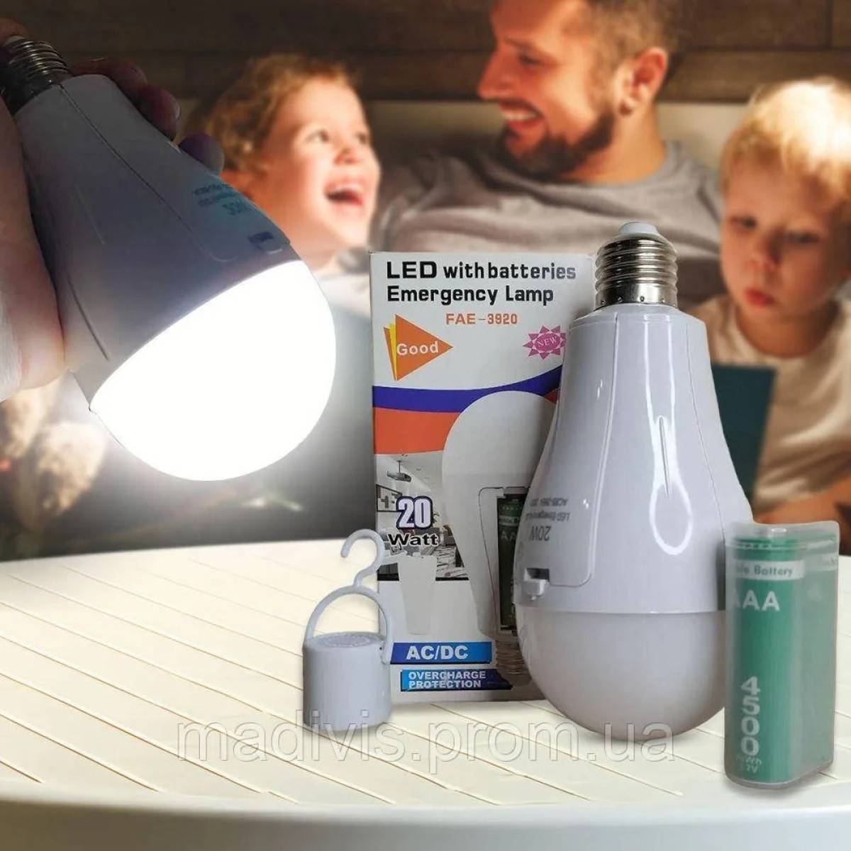 LED лампа FA-3920 з акумуляторами та гачком 20W, аварійне освітлення (арт. 3040)