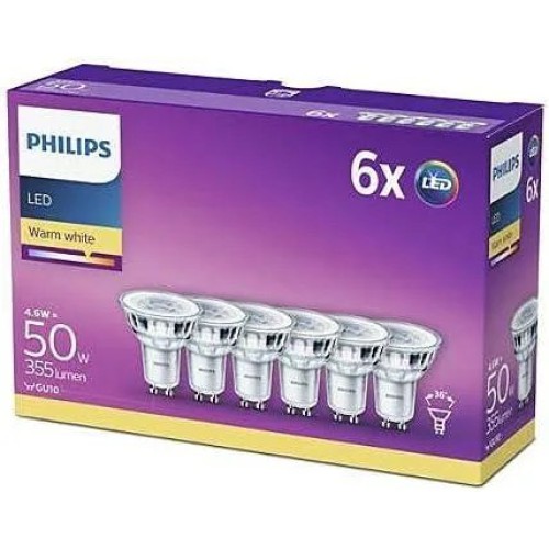 Philips LED GU10 лампи 50W екв., теплий білий 2700K, прозорі, енергоефективні, набір 6 шт., нерегульована яскравість
