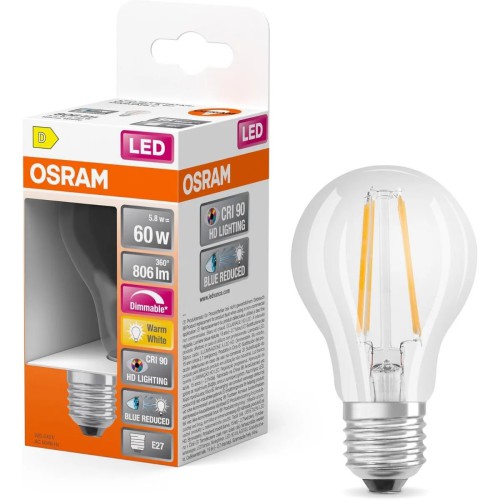 Osram LED Filament Classic A60 5.8W (замінює 60W), теплий білий, діммірувана LED лампа E27, форма груша, 806 лм, CRI 90