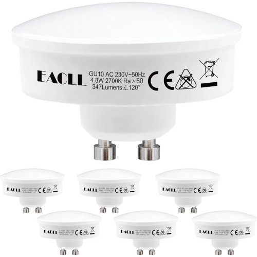 Набір з 6 ультратонких LED ламп EACLL GU10 потужністю 4.8 Вт, теплим білим світлом 2700K, світловим потоком 347 лм та кутом освіт