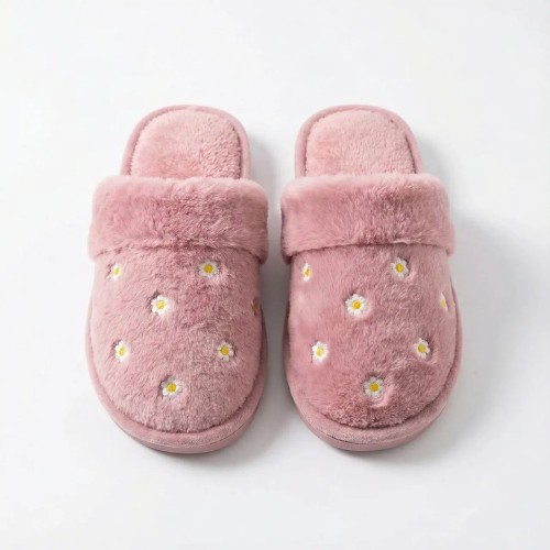 Женские плюшевые комнатные тапочки Розовые с ромашками (40-41). Мягкие домашние тапочки меховые 40