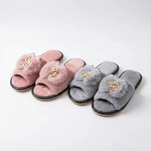 Капці жіночі домашні хутряні з ланцюжком, Пухнасті шльопанці з декором (рожеві та сірі, розміри 36-41) 41