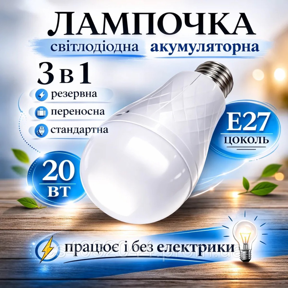 Світлодіодна аварійна LED лампочка 20Вт з 2 акумуляторами у комплекті, 3 4 год роботи, холодне світло (арт. 2996)
