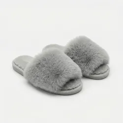 Жіночі пухнасті капці сірі з хутром. М'які домашні шльопанці відкриті (36-41) 38