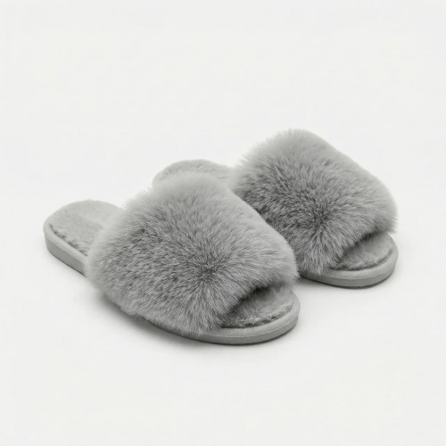 Женские пушистые тапочки серые с мехом. Мягкие домашние шлепанцы открытые (36-41) 39