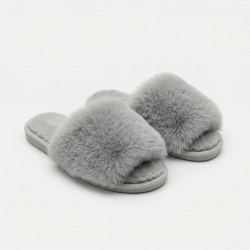 Жіночі пухнасті капці сірі з хутром. М'які домашні шльопанці відкриті (36-41) 41
