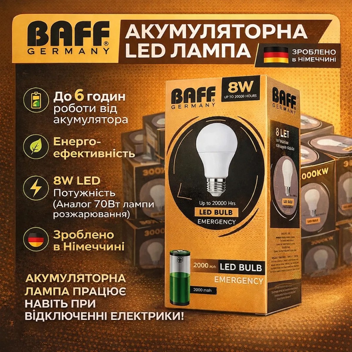 Акумуляторна LED лампочка Baff Germany, якісна лампочка з акумулятором, аварійна лед лампочка з акб, цокольна лампочка з акб (арт. 3062)