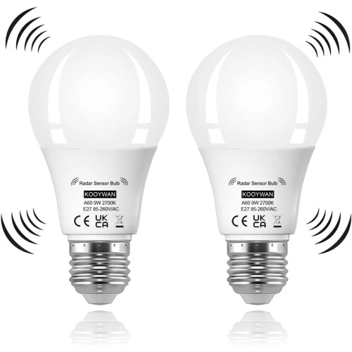 KOOYWAN Розумна LEDлампа E27 з радарним датчиком руху, від заходу сонця до світанку, 9 Вт, 2700 K з автоматичним вмик/вимк