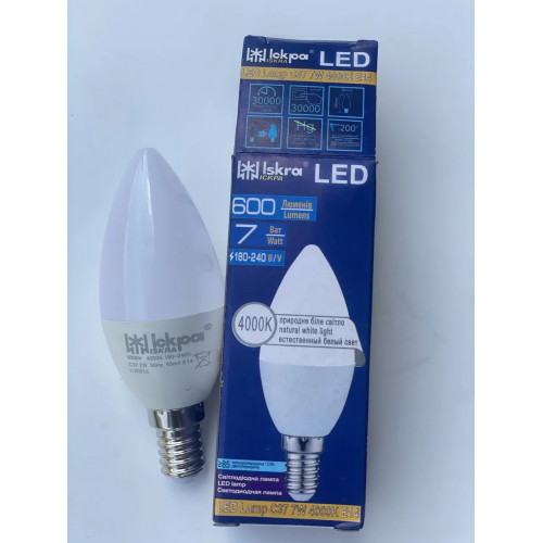 LED Лампа Іскра C37 7W 4000K E14 (свічка, аналог 60-70W) для люстр і дому
