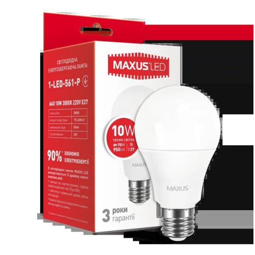 Лампа MAXUS світлодіодна A 60 220v 10w 3000K E27 1-LED-775