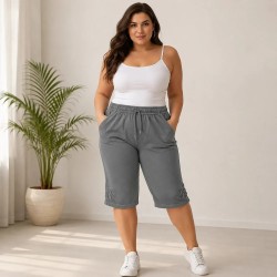 Жіночі сірі капрі 5XL на резинці зі шнурком, вільні бриджі з кишенями та декором (арт. 27141)