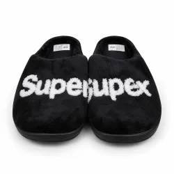 Домашние тапочки Superjupex чёрные плюшевые с объёмной надписью, унисекс