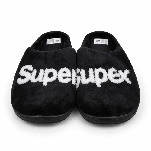Домашние тапочки Superjupex чёрные плюшевые с объёмной надписью, унисекс, размер 37–45 (арт. 27236)