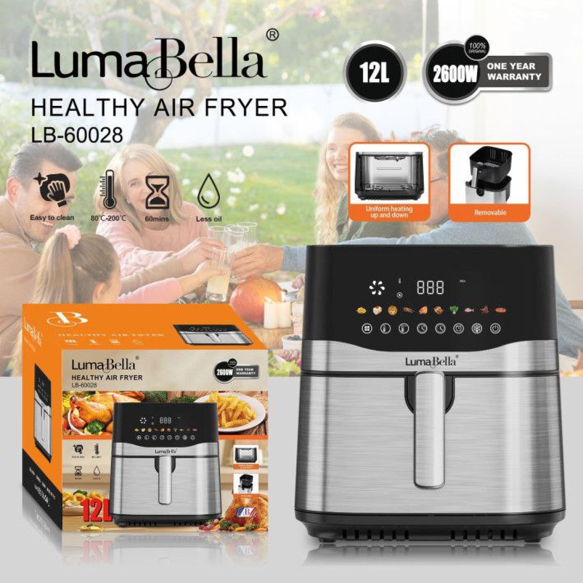 Аэрогриль LumaBella LB-60028 Объём: 12 литров Мощность: 2600 Вт Два тэна – верхний и нижний нагрев Температурный диапазон: 80°C – 200°C Таймер: до 60 минут Лёгкая очистка Съёмная корзина Однородный нагрев Идеально для жарки, запекания, разо (арт. 22460)