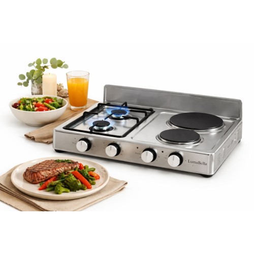 Комбинированная настольная плита LumaBella 57024 — практичное и универсальное решение для кухни, дачи или временного жилья. Модель сочетает газовую конфорку и электрические конфорки, что обеспечивает гибкость в приготовлении блюд и независи