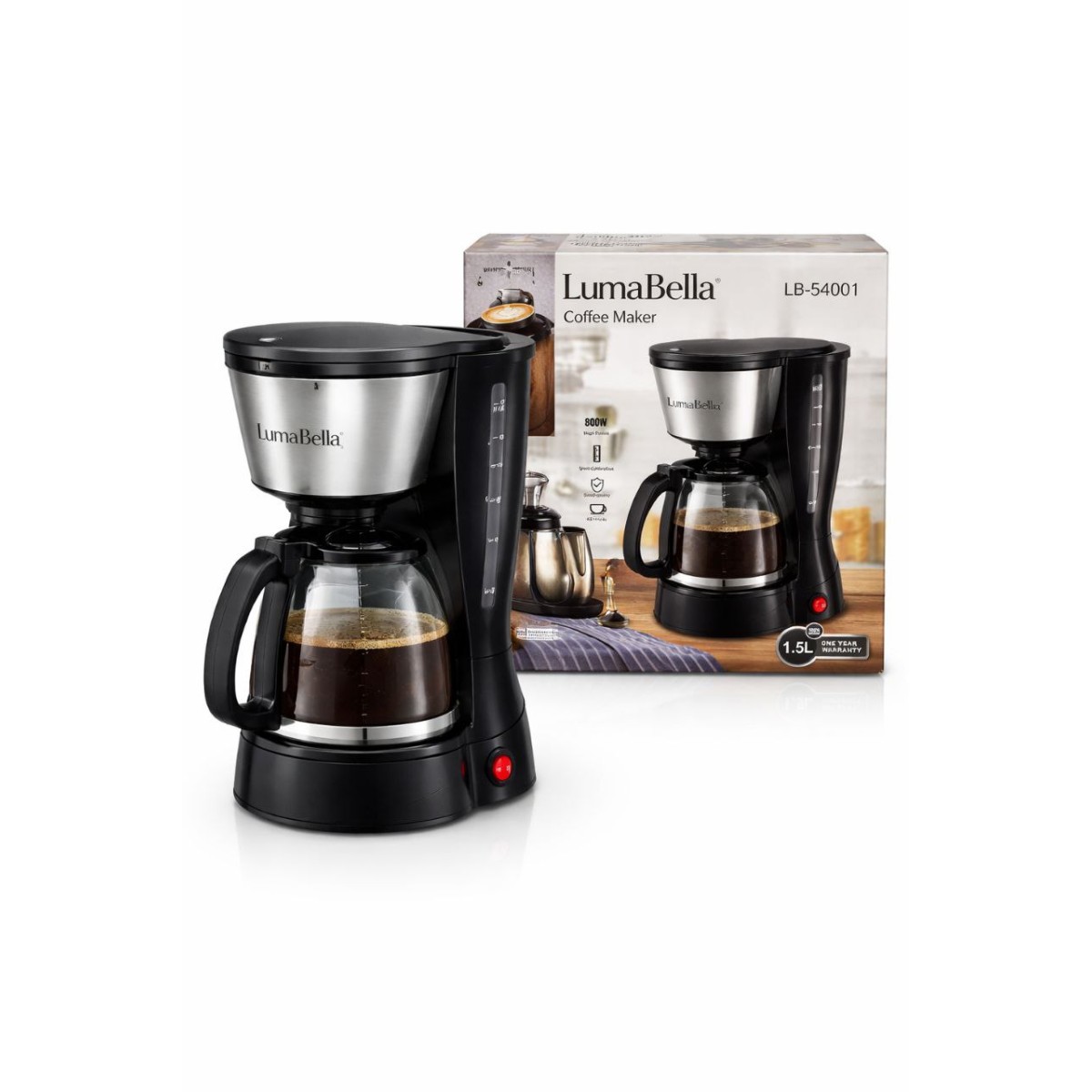 Кофеварка LumaBella LB-54001 Электрическая капельная кофеварка LumaBella — удобное решение для дома и офиса. Подходит для приготовления ароматного кофе на каждый день. Характеристики: Мощность: 800 Вт Объём стеклянного кофейника: 1,5 л Вмес (арт. 22568)