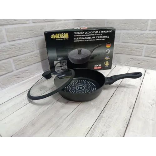 Сковорода Benson 26 см глубокая с алмазным антипригарным покрытием с крышкой (BN-449)