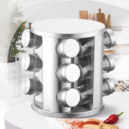 Набор ёмкостей для специй 12 шт. MR-1725 Количество емкостей — 12 шт. Объём емкости – 100 мл Материал емкости: корпус – стекло, крышка – сталь Подставка стальная, полировка сатин Размер изделия: 17,3х17,3х20,3 см В комплекте стикеры для мар