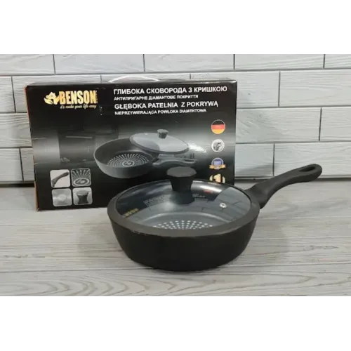 Сковорода Benson 28 см глубокая с алмазным антипригарным покрытием с крышкой (BN-450)