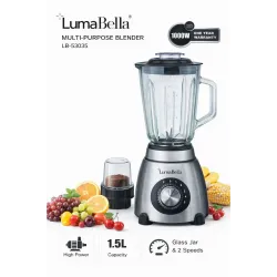 Многофункциональный блендер LumaBella LB-53035 (1000 W)
Блендер LumaBella LB-53035 — универсальный кухонный помощник для ежедневного приготовления напитков и блюд. Оснащён мощным мотором 1000 Вт и вместительной стеклянной чашей 1,5 л, что делает его идеал