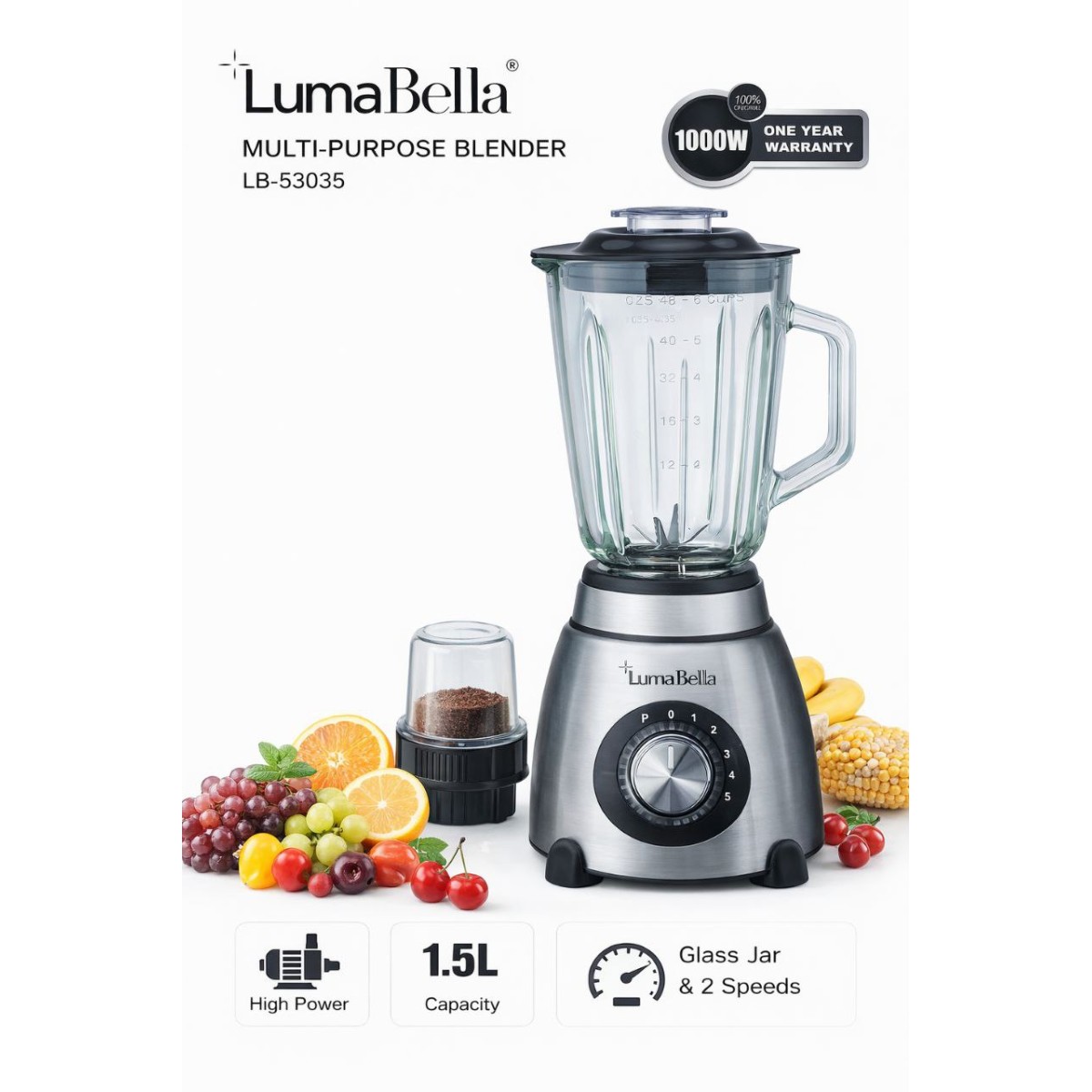 Многофункциональный блендер LumaBella LB-53035 (1000 W) Блендер LumaBella LB-53035 — универсальный кухонный помощник для ежедневного приготовления напитков и блюд. Оснащён мощным мотором 1000 Вт и вместительной стеклянной чашей 1,5 л, что д (арт. 22531)
