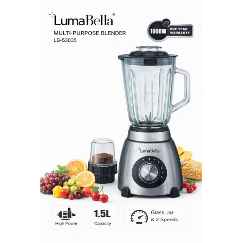 Многофункциональный блендер LumaBella LB-53035 (1000 W) Блендер LumaBella LB-53035 — универсальный кухонный помощник для ежедневного приготовления напитков и блюд. Оснащён мощным мотором 1000 Вт и вместительной стеклянной чашей 1,5 л, что д