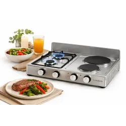 Комбинированная настольная плита LumaBella 57024 — практичное и универсальное решение для кухни, дачи или временного жилья. Модель сочетает газовую конфорку и электрические конфорки, что обеспечивает гибкость в приготовлении блюд и независимость от одного