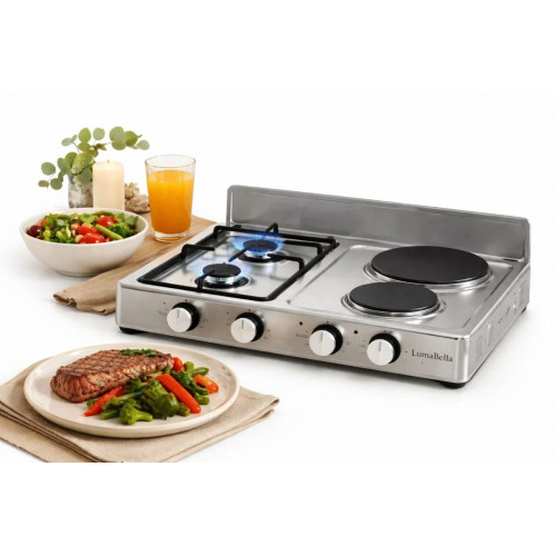 Комбинированная настольная плита LumaBella 57024 — практичное и универсальное решение для кухни, дачи или временного жилья. Модель сочетает газовую конфорку и электрические конфорки, что обеспечивает гибкость в приготовлении блюд и независимость от одного