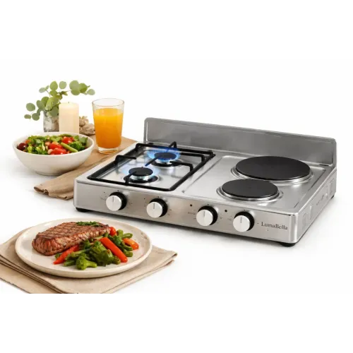 Комбинированная настольная плита LumaBella 57024 — практичное и универсальное решение для кухни, дачи или временного жилья. Модель сочетает газовую конфорку и электрические конфорки, что обеспечивает гибкость в приготовлении блюд и независимость от одного