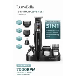 Многофункциональный набор для стрижки LumaBella LB-66036 (5-в-1)
Набор для стрижки LumaBella LB-66036 — универсальное решение для полного ухода за волосами и бородой. Оснащён мощным мотором со скоростью до 7000 об/мин, информативным LED-дисплеем и комплек