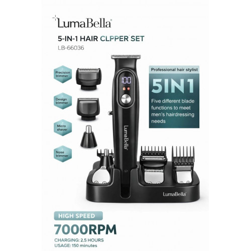 Многофункциональный набор для стрижки LumaBella LB-66036 (5-в-1)
Набор для стрижки LumaBella LB-66036 — универсальное решение для полного ухода за волосами и бородой. Оснащён мощным мотором со скоростью до 7000 об/мин, информативным LED-дисплеем и комплек