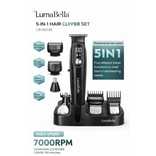 Многофункциональный набор для стрижки LumaBella LB-66036 (5-в-1)
Набор для стрижки LumaBella LB-66036 — универсальное решение для полного ухода за волосами и бородой. Оснащён мощным мотором со скоростью до 7000 об/мин, информативным LED-дисплеем и комплек