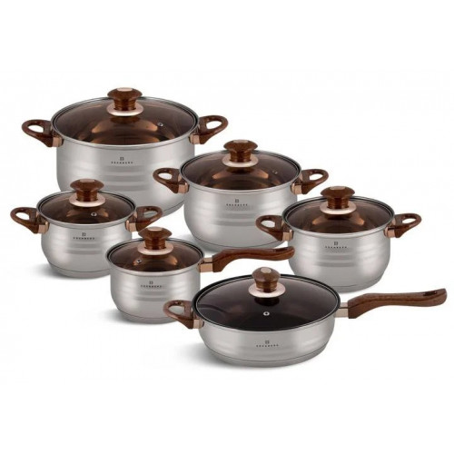Набір посуду Edenberg 12 предметів із нержавіючої сталі з коричневими ручками