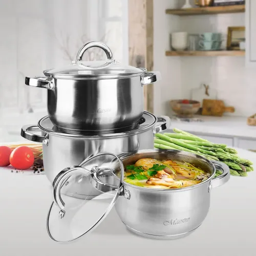 Набор посуды MR-2120-6L
Количество предметов: 6
Кастрюля с крышкой Ø24 см — 5,0 л
Кастрюля с крышкой Ø20 см — 3,0 л
Кастрюля с крышкой Ø16 см — 1,5 л