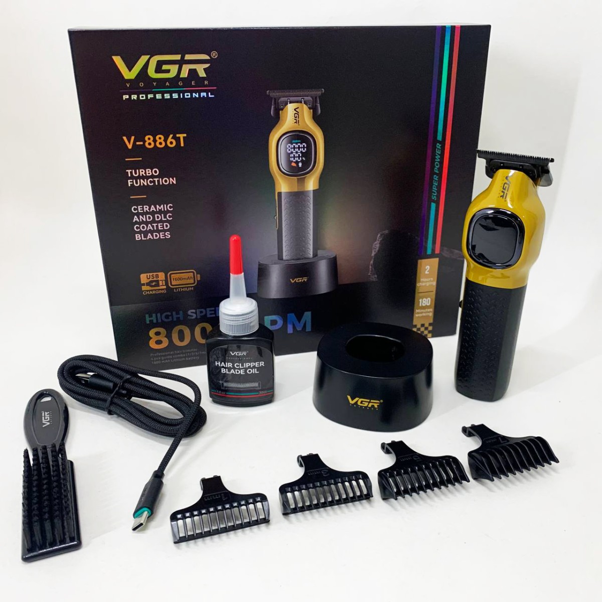 Тример для стрижки волосся VGR V-886T GOLD 8000RPM 4 насадки (арт. 23504)